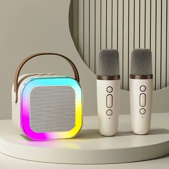 K12 wireless KTV set with dual microphones for karaoke and Bluetooth sound integration, portable for home and children's singing