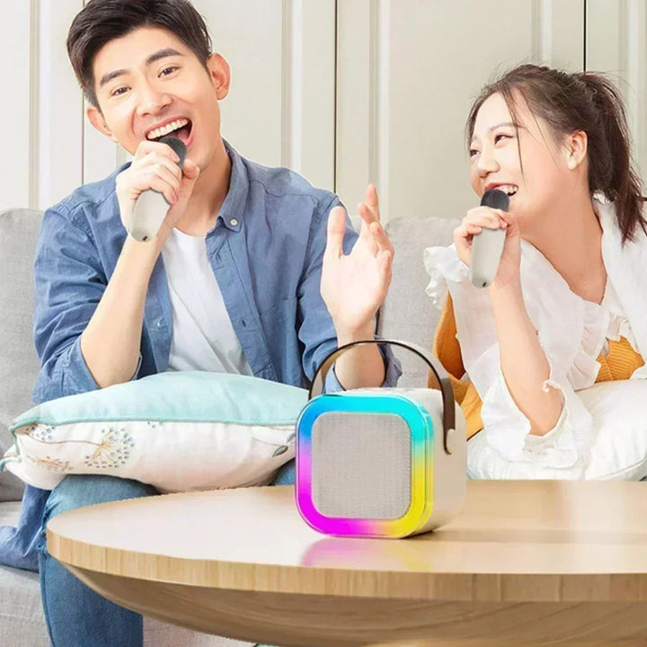 K12 wireless KTV set with dual microphones for karaoke and Bluetooth sound integration, portable for home and children's singing