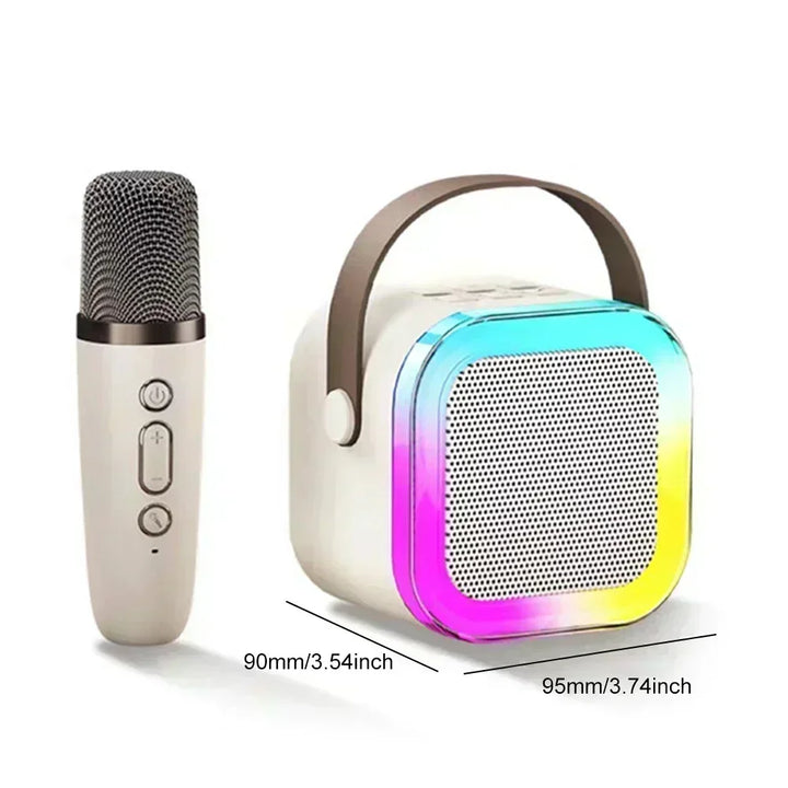 K12 wireless KTV set with dual microphones for karaoke and Bluetooth sound integration, portable for home and children's singing