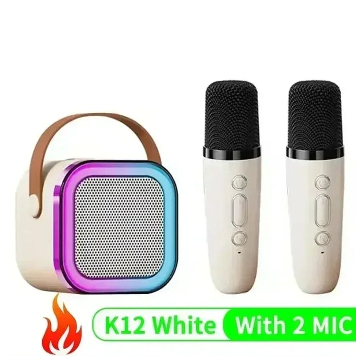 K12 wireless KTV set with dual microphones for karaoke and Bluetooth sound integration, portable for home and children's singing