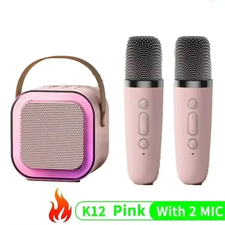 K12 wireless KTV set with dual microphones for karaoke and Bluetooth sound integration, portable for home and children's singing
