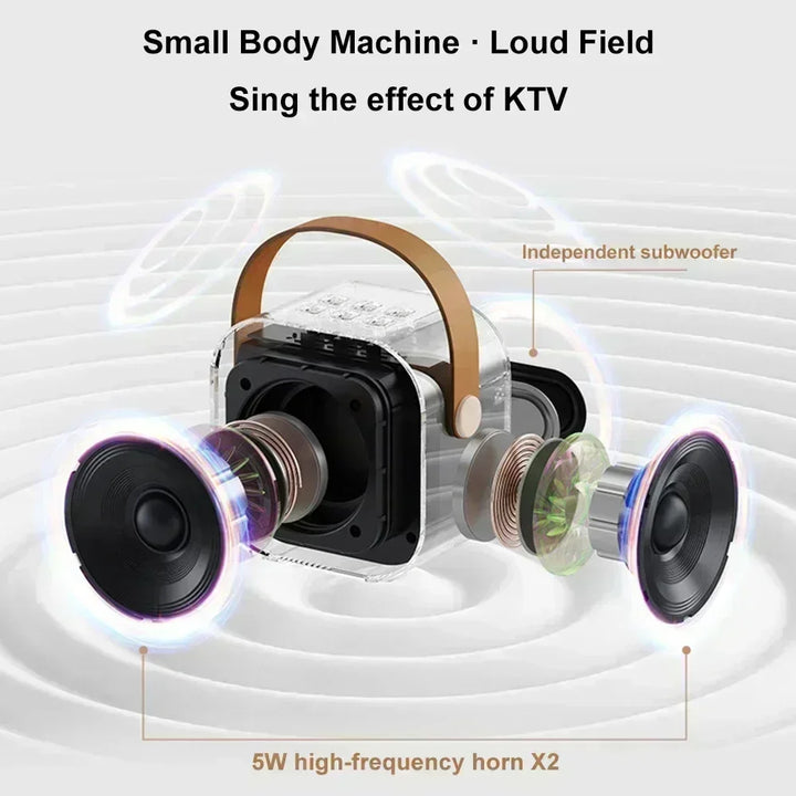 K12 wireless KTV set with dual microphones for karaoke and Bluetooth sound integration, portable for home and children's singing