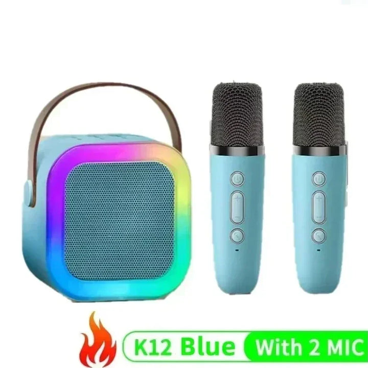 K12 wireless KTV set with dual microphones for karaoke and Bluetooth sound integration, portable for home and children's singing