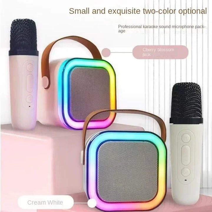 K12 wireless KTV set with dual microphones for karaoke and Bluetooth sound integration, portable for home and children's singing